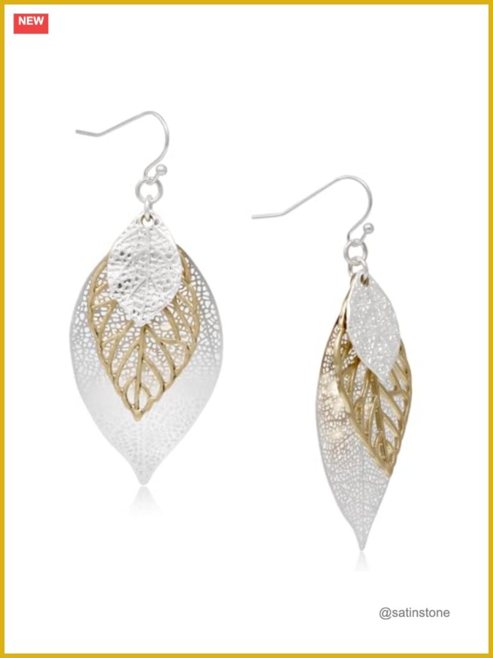 Two Tone Filigree Leaf Dangle Drop Earrings Worn Silver Plated